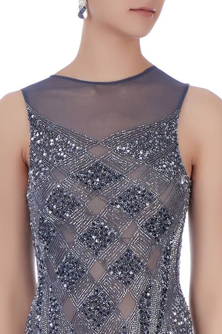 Chisel By Meghna Ramrakhiya_Grey Round Embroidered Trail Gown  _at_Aza_Fashions