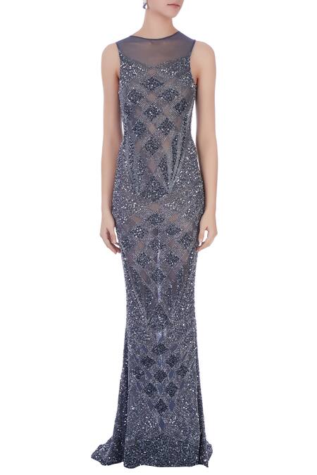 Shop_Chisel By Meghna Ramrakhiya_Grey Round Embroidered Trail Gown  _Online_at_Aza_Fashions