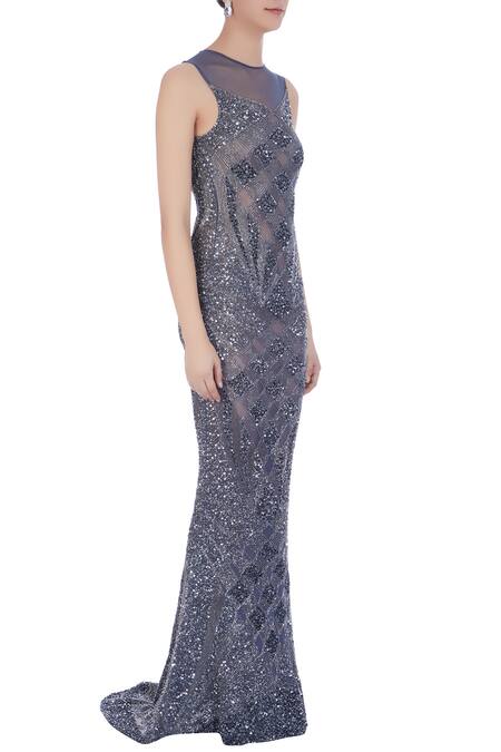 Chisel By Meghna Ramrakhiya_Grey Round Embroidered Trail Gown  _Online_at_Aza_Fashions