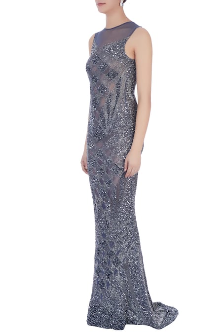 Buy_Chisel By Meghna Ramrakhiya_Grey Round Embroidered Trail Gown  _Online_at_Aza_Fashions