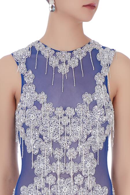 Chisel By Meghna Ramrakhiya_Blue Round Embroidered Trail Gown  _at_Aza_Fashions