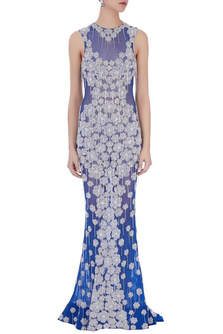 Shop_Chisel By Meghna Ramrakhiya_Blue Round Embroidered Trail Gown  _Online_at_Aza_Fashions