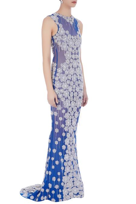 Chisel By Meghna Ramrakhiya_Blue Round Embroidered Trail Gown  _Online_at_Aza_Fashions