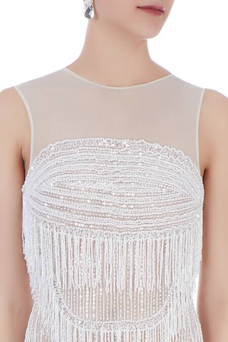 Chisel By Meghna Ramrakhiya_White Round Embroidered Trail Gown  _at_Aza_Fashions