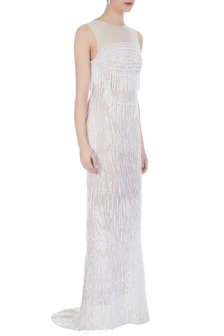 Chisel By Meghna Ramrakhiya_White Round Embroidered Trail Gown  _Online_at_Aza_Fashions