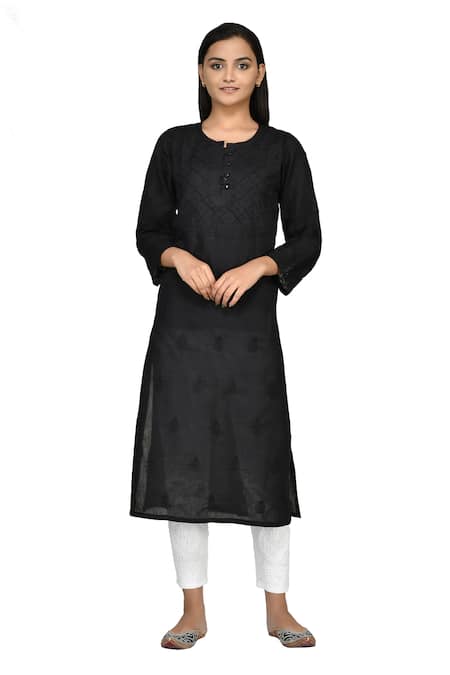 Buy_The Chikankarists_Black Cotton Embroidery Round Chikankari Kurta _Online_at_Aza_Fashions
