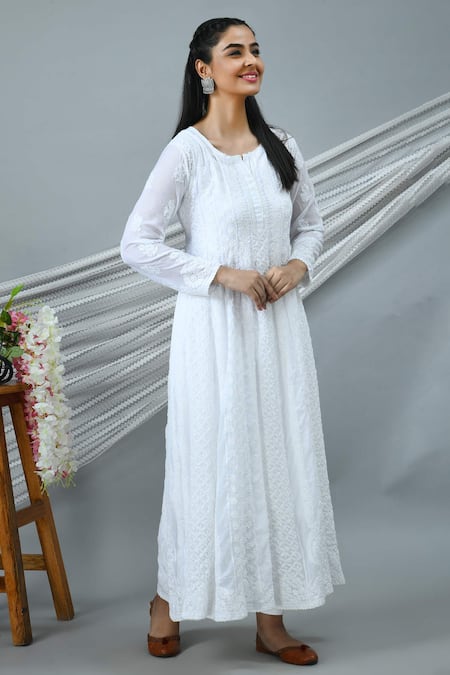 The Chikankarists_White Cotton Chikankari Anarkali_Online_at_Aza_Fashions