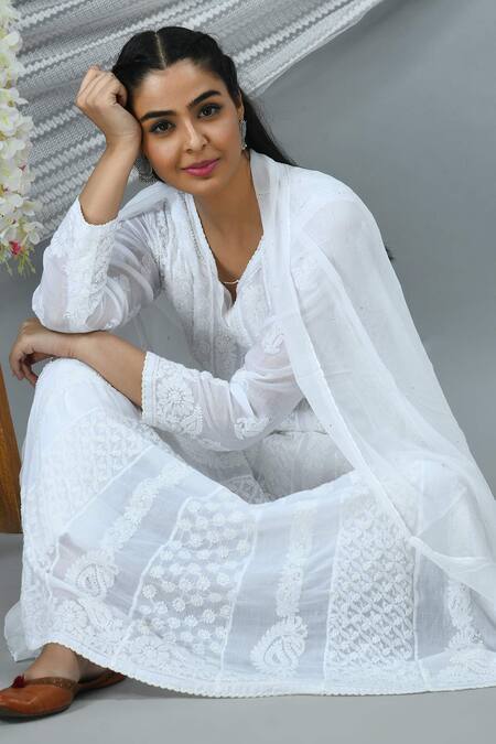 Buy_The Chikankarists_White Cotton Chikankari Anarkali_Online_at_Aza_Fashions