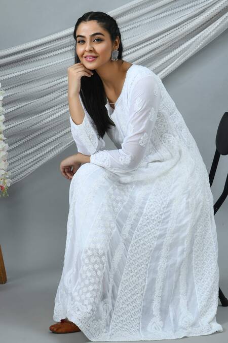 Shop_The Chikankarists_White Cotton Chikankari Anarkali_Online_at_Aza_Fashions