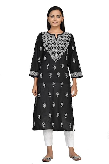 The Chikankarists Black Hand Embroidered Chikankari Cotton Kurta