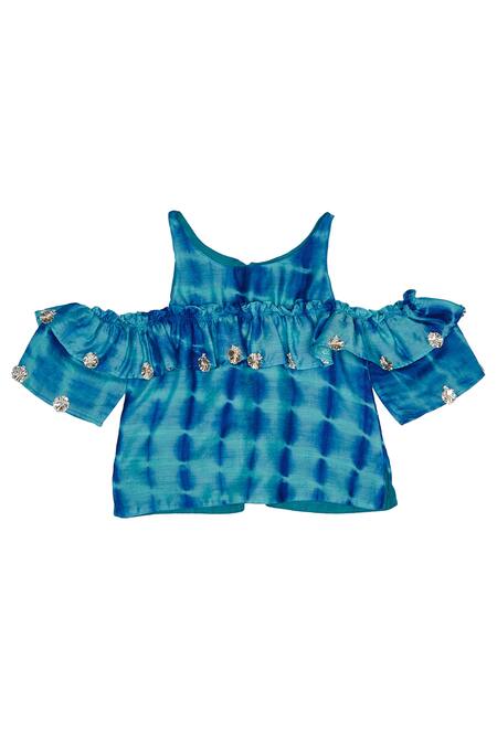 Charkhee_Blue Cotton Tassels, Gota Patti Tie Dye Lehenga Set _Online_at_Aza_Fashions