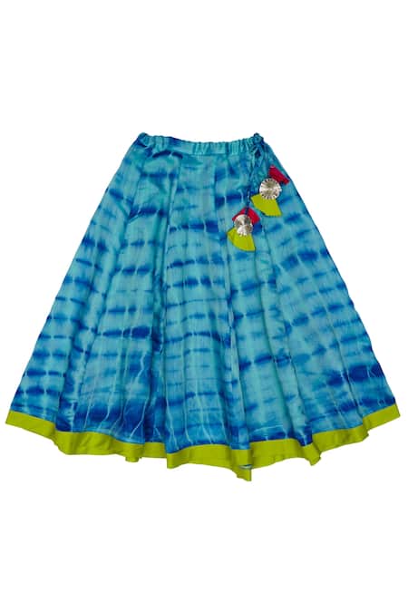 Buy_Charkhee_Blue Cotton Tassels, Gota Patti Tie Dye Lehenga Set _Online_at_Aza_Fashions