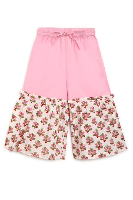 Charkhee_Beige Cotton Fringe Floral Print Kurta And Sharara Set _Online_at_Aza_Fashions