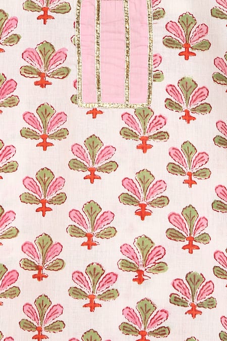 Shop_Charkhee_Beige Cotton Fringe Floral Print Kurta And Sharara Set _Online_at_Aza_Fashions