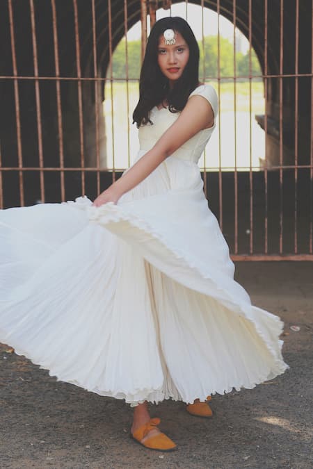 Chambray & CO. White Cotton, Chanderi Silk V Neck Empire Waist Flared Dress Online at Aza Fashions Chambray & CO._White Cotton, Chanderi Silk V Neck Empire Waist Flared Dress _Online_at_Aza_Fashions