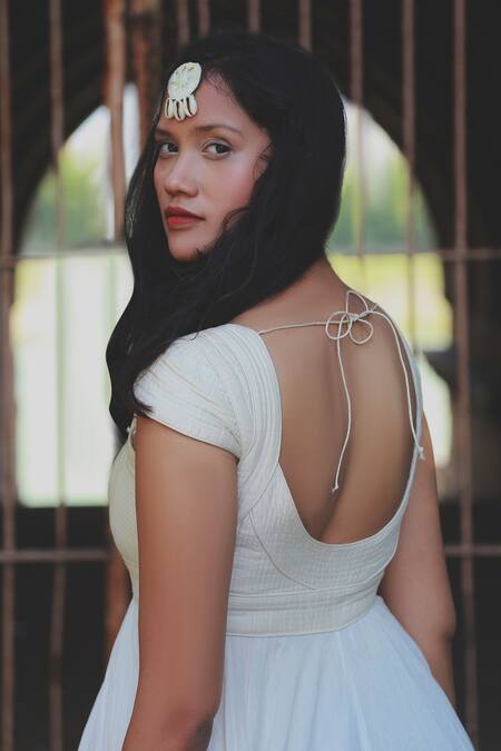 Chambray & CO. White Cotton, Chanderi Silk V Neck Empire Waist Flared Dress at Aza Fashions Chambray & CO._White Cotton, Chanderi Silk V Neck Empire Waist Flared Dress _at_Aza_Fashions