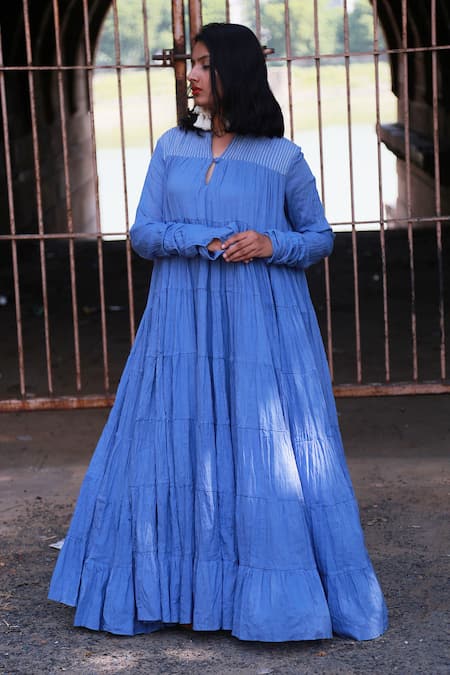 Chambray & CO._Blue Cotton Mul Round Tiered Maxi Dress _Online_at_Aza_Fashions