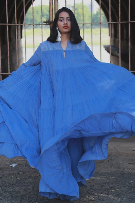 Buy_Chambray & CO._Blue Cotton Mul Round Tiered Maxi Dress _Online_at_Aza_Fashions