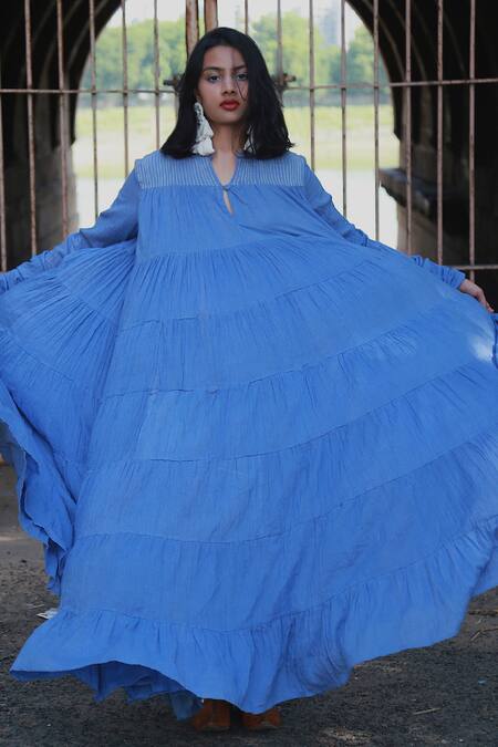 Shop_Chambray & CO._Blue Cotton Mul Round Tiered Maxi Dress _Online_at_Aza_Fashions
