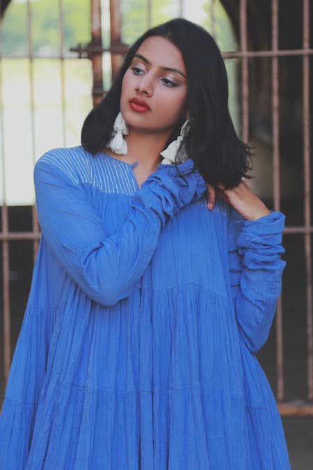 Chambray & CO._Blue Cotton Mul Round Tiered Maxi Dress _at_Aza_Fashions