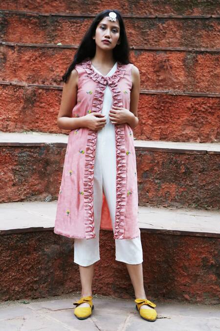 Satin silk jumpsuit in shades of pink with a sleeveless multicolored jacket  only on Kalki