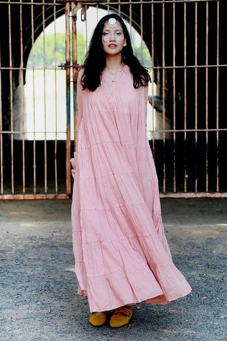 Shop Chambray & CO. Pink Cotton Mul Round Tiered Maxi Dress Online at Aza Fashions Shop_Chambray & CO._Pink Cotton Mul Round Tiered Maxi Dress _Online_at_Aza_Fashions