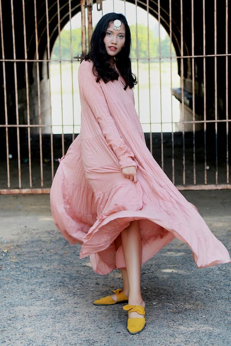 Buy Chambray & CO. Pink Cotton Mul Round Tiered Maxi Dress Online at Aza Fashions Buy_Chambray & CO._Pink Cotton Mul Round Tiered Maxi Dress _Online_at_Aza_Fashions