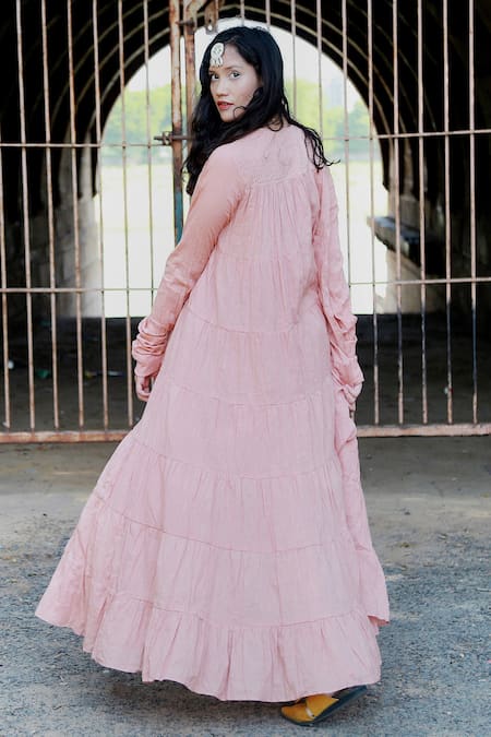 Shop Chambray & CO. Pink Cotton Mul Round Tiered Maxi Dress at Aza Fashions Shop_Chambray & CO._Pink Cotton Mul Round Tiered Maxi Dress _at_Aza_Fashions