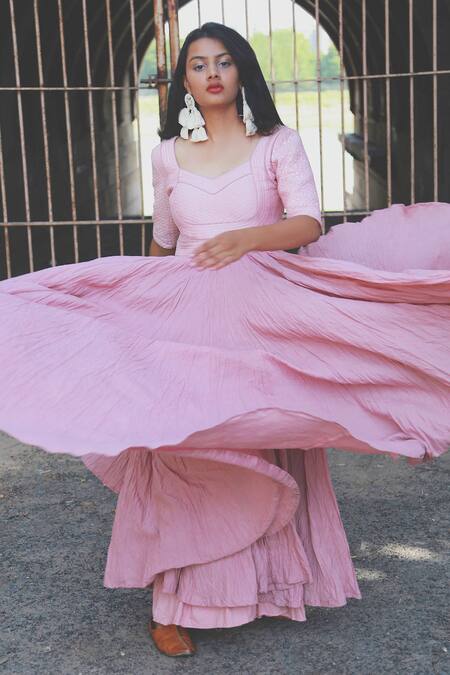 Buy Chambray & CO. Pink Cotton, Chanderi Silk V Neck Empire Waist Maxi Dress Online at Aza Fashions Buy_Chambray & CO._Pink Cotton, Chanderi Silk V Neck Empire Waist Maxi Dress _Online_at_Aza_Fashions