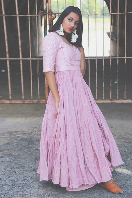 Chambray & CO. Pink Cotton, Chanderi Silk V Neck Empire Waist Maxi Dress Online at Aza Fashions Chambray & CO._Pink Cotton, Chanderi Silk V Neck Empire Waist Maxi Dress _Online_at_Aza_Fashions