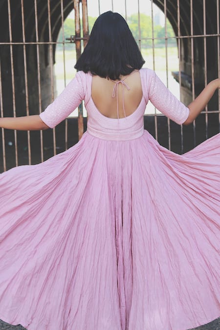 Shop Chambray & CO. Pink Cotton, Chanderi Silk V Neck Empire Waist Maxi Dress at Aza Fashions Shop_Chambray & CO._Pink Cotton, Chanderi Silk V Neck Empire Waist Maxi Dress _at_Aza_Fashions