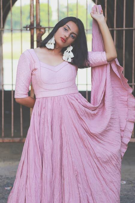 Shop Chambray & CO. Pink Cotton, Chanderi Silk V Neck Empire Waist Maxi Dress Online at Aza Fashions Shop_Chambray & CO._Pink Cotton, Chanderi Silk V Neck Empire Waist Maxi Dress _Online_at_Aza_Fashions
