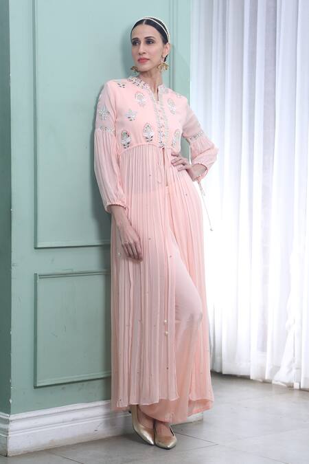 Seams Pret And Couture_Pink Georgette Embroidered Bead Work Mandarin Collar Chloe Kurta And Palazzo Set _Online_at_Aza_Fashions
