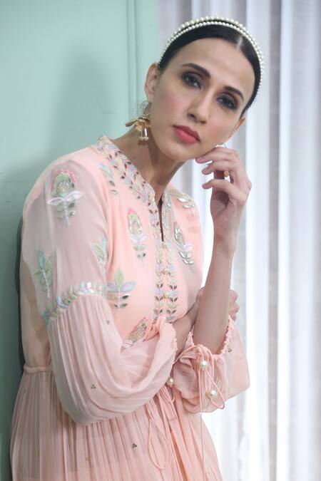 Buy_Seams Pret And Couture_Pink Georgette Embroidered Bead Work Mandarin Collar Chloe Kurta And Palazzo Set _Online_at_Aza_Fashions