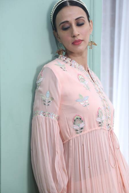 Shop_Seams Pret And Couture_Pink Georgette Embroidered Bead Work Mandarin Collar Chloe Kurta And Palazzo Set _Online_at_Aza_Fashions