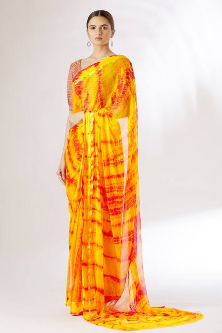 Samyukta Singhania Yellow Chiffon Tie And Dye Saree