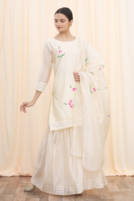 Buy_Arihant Rai Sinha_Off White Chanderi Lace Round Hand Painted Floral Kurta Sharara And Dupatta Set _Online_at_Aza_Fashions
