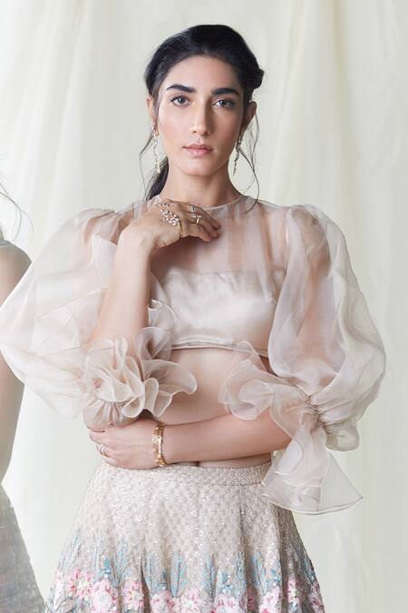 Shop_Pankaj & Nidhi_Beige Blouse Silk Organza Dupatta And Lehenga Tulle Embroidered Set_at_Aza_Fashions