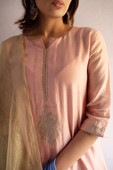 Apeksha Jain Label_Pink Chanderi, Kota Tissue , Thread Round Embroidered Kurta Set_Online_at_Aza_Fashions