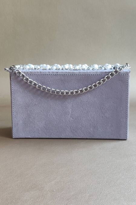 Shop Plode Grey Embroidery, Rhinestones, Pearls Charmer Embellished Clutch With Chain at Aza Fashions Shop_Plode_Grey Embroidery, Rhinestones, Pearls Charmer Embellished Clutch With Chain_at_Aza_Fashions