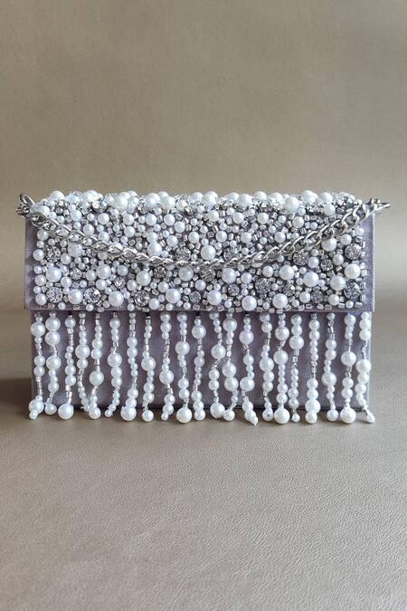 Buy Plode Grey Embroidery, Rhinestones, Pearls Charmer Embellished Clutch With Chain Online at Aza Fashions Buy_Plode_Grey Embroidery, Rhinestones, Pearls Charmer Embellished Clutch With Chain_Online_at_Aza_Fashions