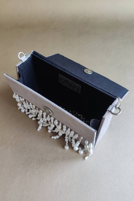 Shop Plode Grey Embroidery, Rhinestones, Pearls Charmer Embellished Clutch With Chain Online at Aza Fashions Shop_Plode_Grey Embroidery, Rhinestones, Pearls Charmer Embellished Clutch With Chain_Online_at_Aza_Fashions