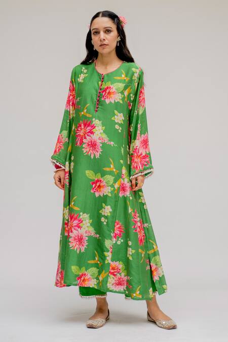 Chrkha_Green Chanderi Silk Cotton Lining Shantoon Printed Floral Kurta Set For Kids_Online_at_Aza_Fashions