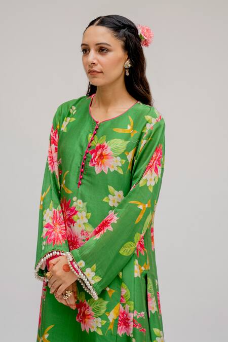 Shop_Chrkha_Green Chanderi Silk Cotton Lining Shantoon Printed Floral Kurta Set For Kids_Online_at_Aza_Fashions