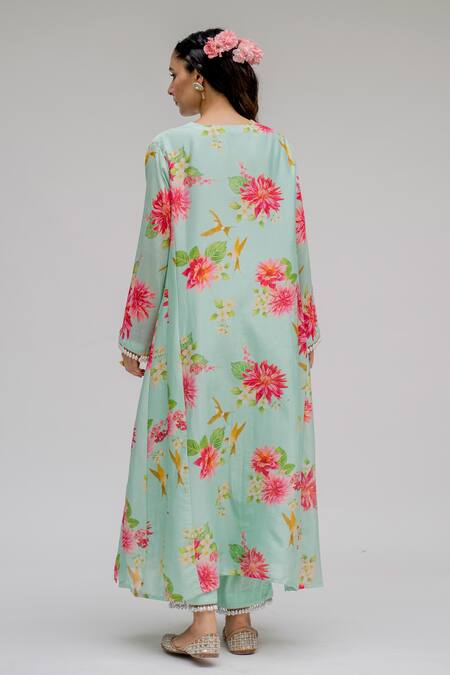 Chrkha Chanderi Silk Floral Print Kurta Set For Kids