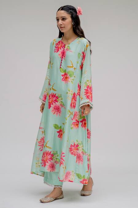 Buy_Chrkha_Blue Chanderi Silk Cotton Lining Shantoon Printed Digital Floral Kurta Set For Kids_Online_at_Aza_Fashions