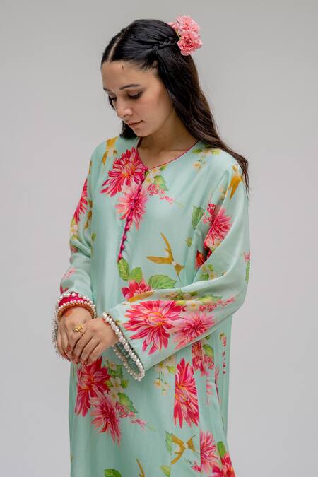 Shop_Chrkha_Blue Chanderi Silk Cotton Lining Shantoon Printed Digital Floral Kurta Set For Kids_Online_at_Aza_Fashions