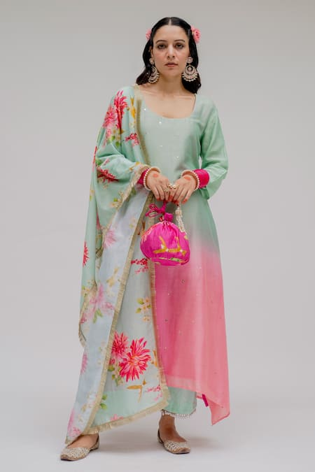 Chrkha Mint Ombre Sequined Kurta Set For Kids
