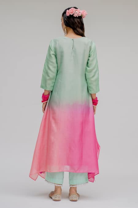 Chrkha Mint Ombre Sequined Kurta Set For Kids