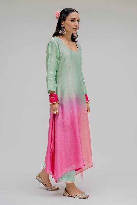 Chrkha Pink Chanderi Silk Cotton Lining Shantoon Embroidered Mint Ombre Kurta Set For Kids Online at Aza Fashions Chrkha_Pink Chanderi Silk Cotton Lining Shantoon Embroidered Mint Ombre Kurta Set For Kids_Online_at_Aza_Fashions